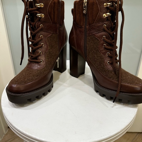 ANTONIO MELANI Brown Leather and Fabric Heeled Boots 3.5 inch heel - Picture 3 of 7